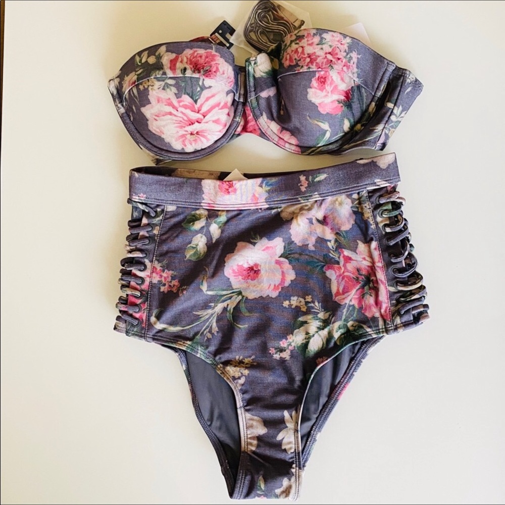 Zimmermann Iris Grey Floral High Waist Bikini 0/2 - Picture 1 of 12